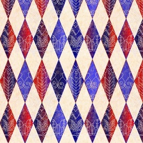 Jester's Delight in Red White and Blue -- Textured Heart Harlequin -- Heart Design over Red White and Blue Black Harlequin Diamonds -- Blue White Red Christmas Coordinate -- 12.74 x 10.6 in repeat -- 400dpi (37% of full scale)