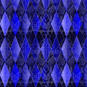 Textured Heart Harlequin in Royal Blue over Black -- Heart Design over Blue and Black Diamonds -- Black White Blue Christmas Coordinate -- 12.74 x 10.6 in repeat -- 400dpi (37% of full scale)