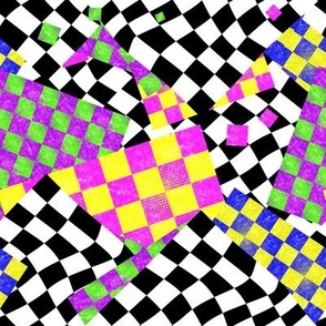 Crazy chess black and white with colorful bold and bright chess pattern