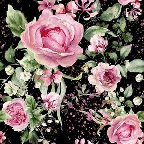 Pink roses stunning pattern on a dark background with sparkles and textures and green leaves