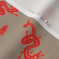 Chinese new year theme - year of the dragon with puffy clouds tossed red yellow on latte beige