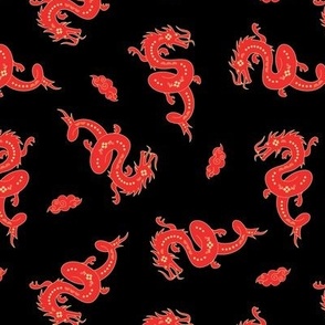 Chinese new year theme - year of the dragon with puffy clouds tossed red gold on black