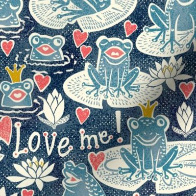 Kiss me prince - frog pond - dark denim - large scale - 18" fabric- 24" wallpaper