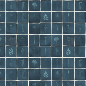 Monochrome botanical watercolor tiles dark blue - medium scale