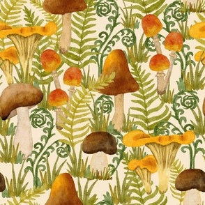 Forest Mushrooms & Ferns on Beige Background