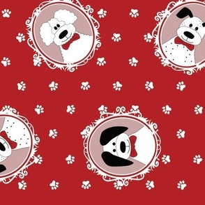 Cute dogs in retro frames on a Christmas red pawprint background