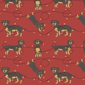 Cute Dachshunds with Christmas lights on crimson red
