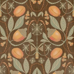  Seamless pattern with apricots, hats, Christmas bells, snowflakes on a brown background.