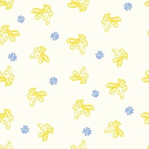 Buzzy bees and daisies yellow and blue on cream by Jac Slade