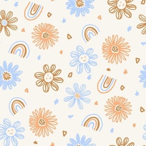 Summer Playtime smiley daisies and rainbows boho brown blue orange on cream by Jac Slade