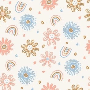 Summer Playtime smiley daisies and rainbows boho brown peach pink blue on cream by Jac Slade