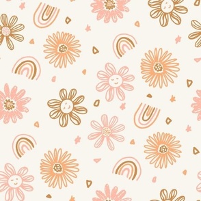 Summer Playtime smiley daisies and rainbows boho brown peach pink orange on cream by Jac Slade