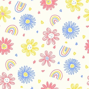 Summer Playtime smiley daisies and rainbows bright red blue yellow by Jac Slade
