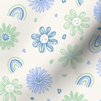 Summer Playtime smiley daisies and rainbows mint green teal blue on crea_ by Jac Slade