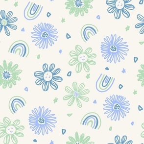 Summer Playtime smiley daisies and rainbows mint green teal blue on crea_ by Jac Slade