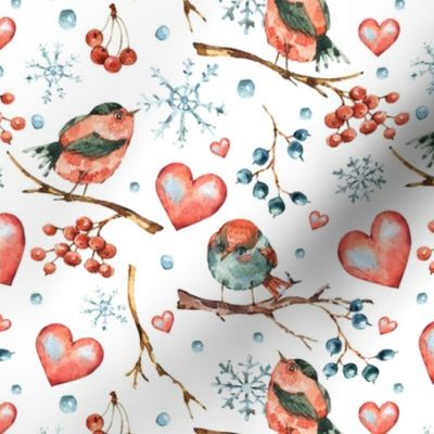 Winter birds and hearts on white