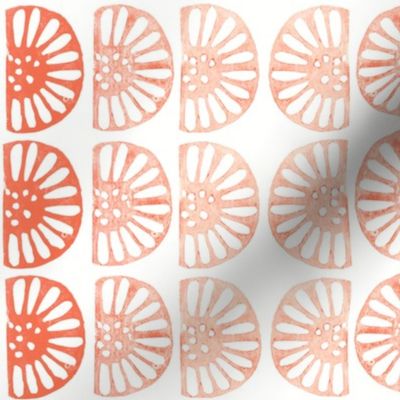 Coral red block print citrus slices on white background