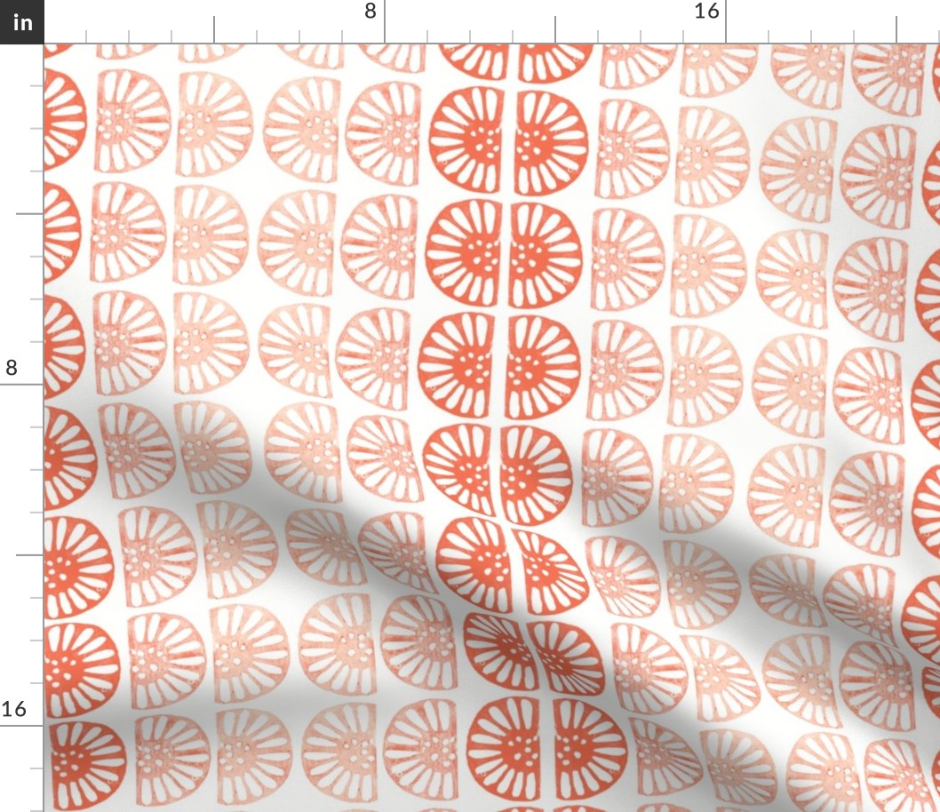 Coral red block print citrus slices on white background