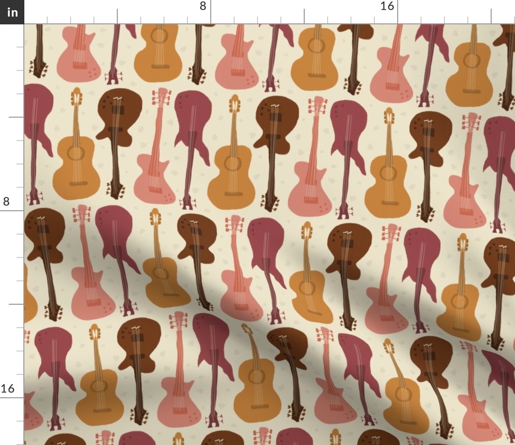 Self-expression small - Hand drawn guitars in warm earthy colours on cream beige background