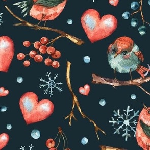 Winter birds and hearts on black