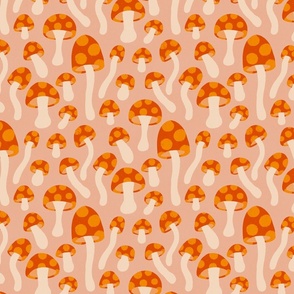 Magical Mushrooms: Fall Red and Orange Wild Mushrooms with Yellow Spots on a Dusky Pink Background (Large)