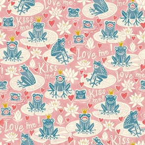 Kiss me prince - frog pond - pink and denim blue - large scale - 18" fabric- 24" wallpaper