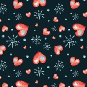 Cute hearts and snowflakes on black