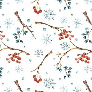 Snowflakes  and berries on white