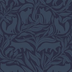 Dark Blue Whimsical Foxes Hidden in the Woods on a Royal Blue Background