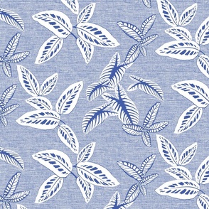 Tropical Leaves on Linen White on French Blue 300L
