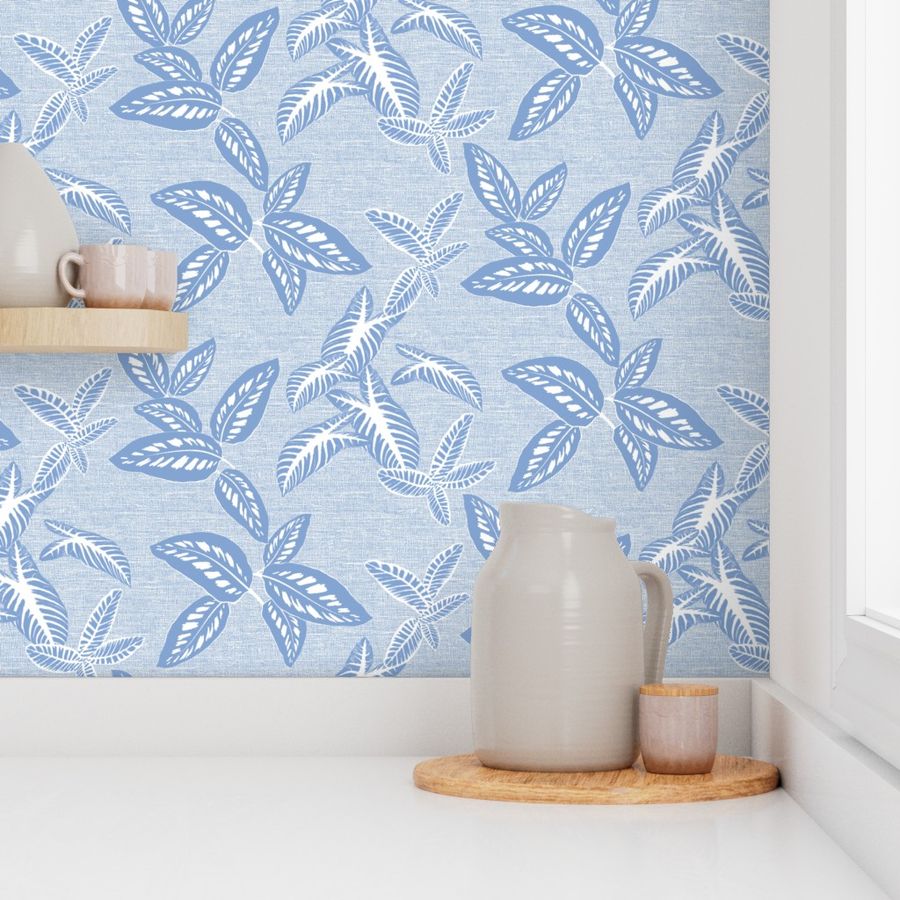 Tropical Leaves on Linen Faded French Blue 300L