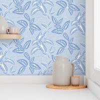 Tropical Leaves on Linen Faded French Blue 300L