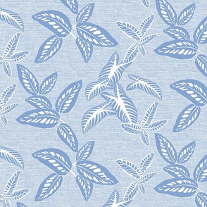 Tropical Leaves on Linen Faded French Blue 300L