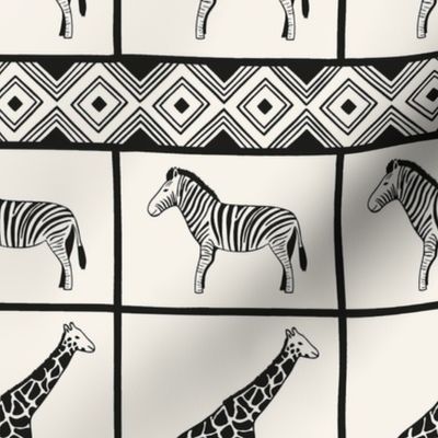 African plaid safari animals horizontal border black and white - medium