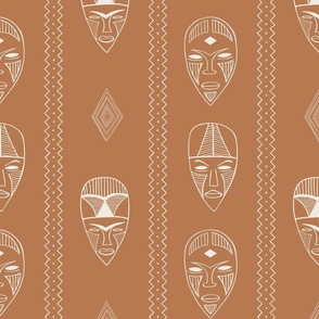 Ethnic african tribal masks white on terracotta - medium scale