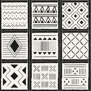 African mudcloth geometric plaid black on white - large scale
