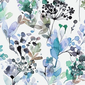 Wild grasses botanical - Wildflowers watercolor - Blue botanical - Large botanical bedding