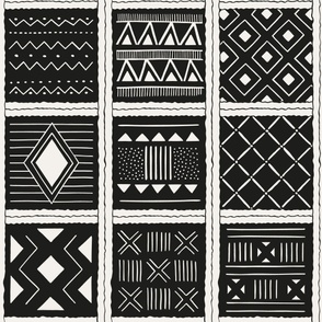 African mudcloth geometric plaid black and white - large scale