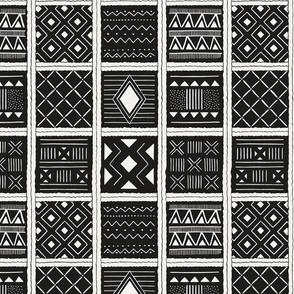 African mudcloth geometric plaid black and white - medium scale