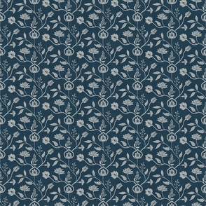 Indian block print chintz florals dark blue and cream - small scale