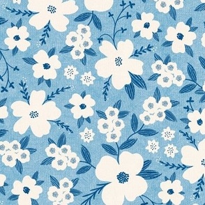 Hanna Floral, Blue and Ivory (Medium) - flowers, leaves and branches