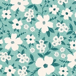 Hanna Floral, Green and Ivory (Medium) - flowers, leaves and branches