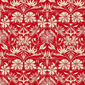 Red and white damask floral