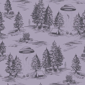 Large-Scale Alien Abduction Toile de Jouy in Purple and Lavender