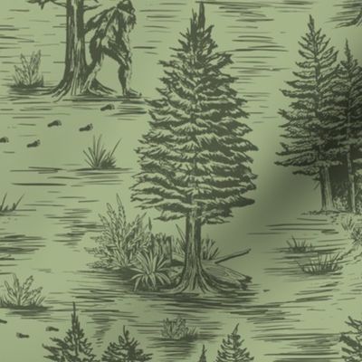 Large-scale Bigfoot/Sasquatch Toile de Jouy in Green on Green
