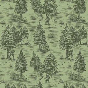 Large-scale Bigfoot/Sasquatch Toile de Jouy in Green on Green