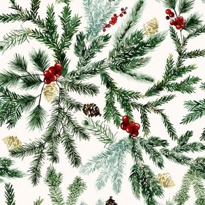 Christmas Pine and Red Berry Garland Foliage / Ecru White