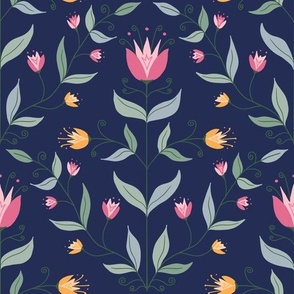 Art deco tulips diamond pattern on navy background. 