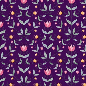 Art deco tulips with vines on purple background.