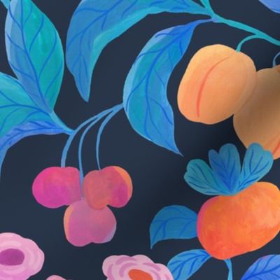 Apricot garden fruit in blue and navy